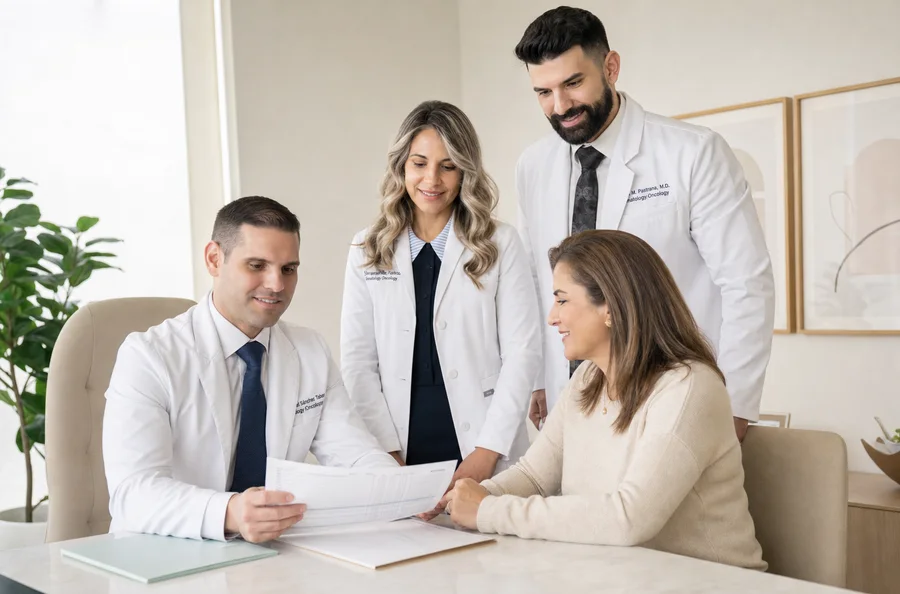 Paciente revisando documentos médicos con el equipo de Miami Oncology Specialist durante su primera visita en Miami
