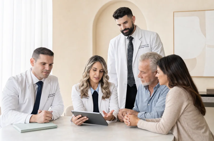 Médico de Miami Oncology Specialist explicando resultados y opciones a un paciente durante una segunda opinión en Miami
